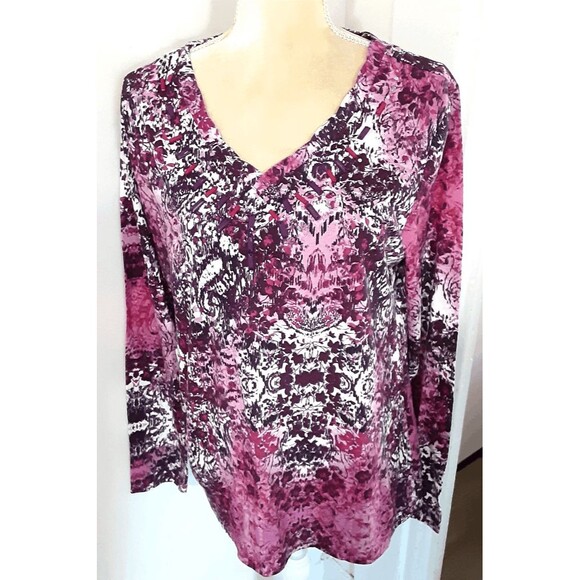 Erika pullover tee long sleeve L pink maroon abstract design beaded 100% cotton - Picture 1 of 4